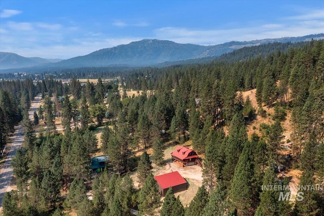 drone / aerial view with a mountain view and a forest view
