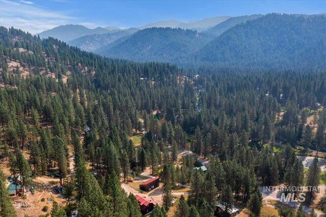 bird's eye view featuring a mountain view and a wooded view