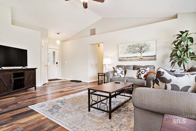 living area featuring a ceiling fan, baseboards, visible vents, high vaulted ceiling, and wood finished floors