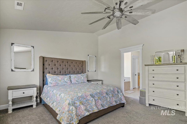 bedroom featuring carpet, lofted ceiling, baseboards, and a ceiling fan