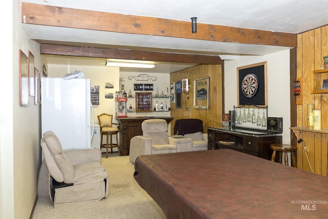 10489 Scotch Pine Rd, Payette, ID 83661 - carpeted living room featuring a dry bar and beamed ceiling