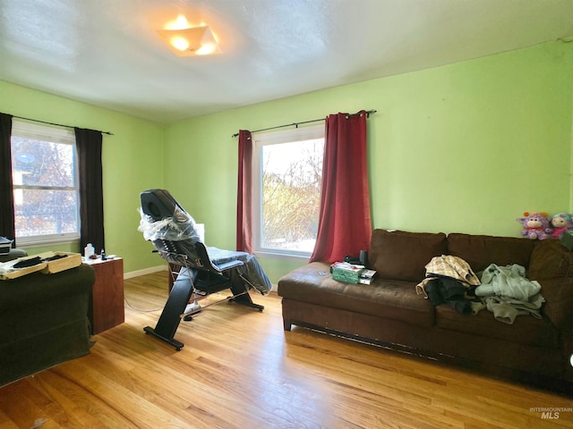 living area with light wood finished floors, plenty of natural light, and baseboards