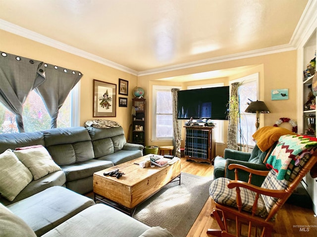 living room with crown molding and wood finished floors