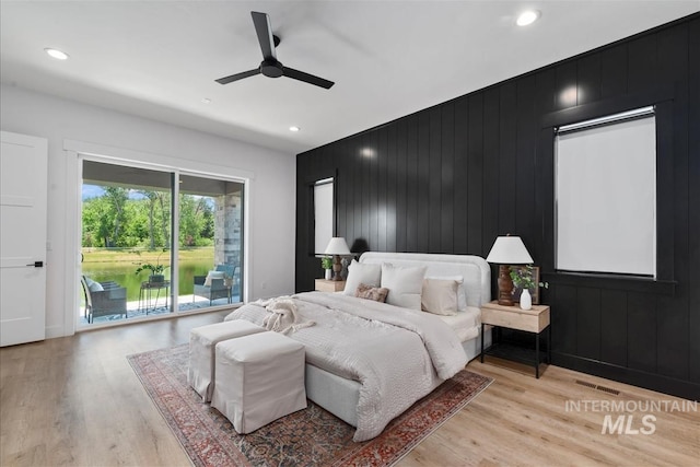 124 S Eagles Roost Way, Eagle, ID 83616 - bedroom featuring light wood-style flooring, access to exterior, recessed lighting, and a ceiling fan