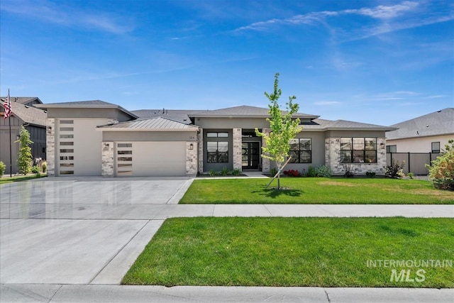 124 S Eagles Roost Way, Eagle, ID 83616 - prairie-style home with an attached garage, concrete driveway, stone siding, and stucco siding