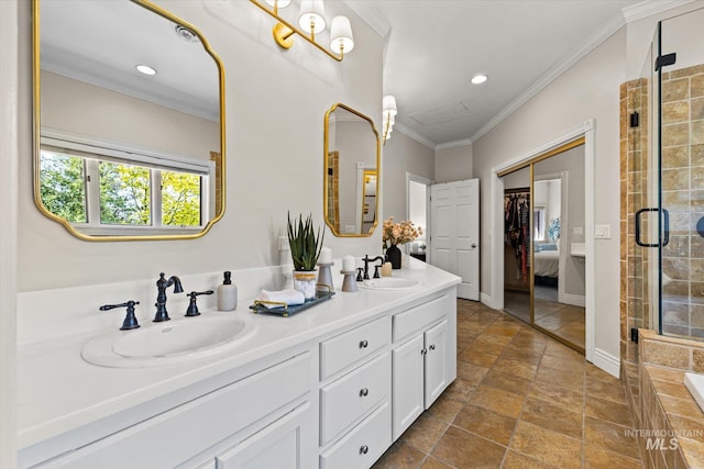 full bath featuring crown molding, a stall shower, double vanity, and recessed lighting