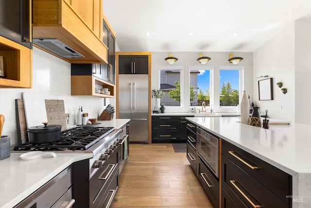 5720 W Little Feather St, Eagle, ID 83616 - kitchen featuring built in appliances, premium range hood, light countertops, light wood-style flooring, and a sink