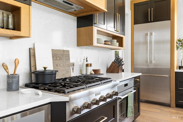 5720 W Little Feather St, Eagle, ID 83616 - kitchen featuring stainless steel appliances, open shelves, light countertops, light wood-style flooring, and ventilation hood