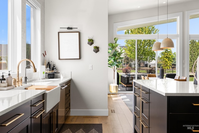5720 W Little Feather St, Eagle, ID 83616 - kitchen featuring light wood-style flooring, a sink, light countertops, decorative light fixtures, and baseboards