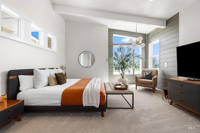 5720 W Little Feather St, Eagle, ID 83616 - carpeted bedroom featuring a chandelier, wood walls, and beam ceiling