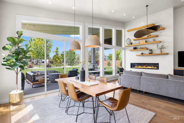 5720 W Little Feather St, Eagle, ID 83616 - dining area featuring healthy amount of natural light, recessed lighting, wood finished floors, a fireplace, and a high ceiling