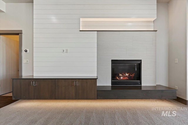 interior details featuring carpet floors and a fireplace