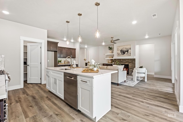 1753 E Grayson, Meridian, ID 83642 - kitchen with dishwasher, a sink, a stone fireplace, a ceiling fan, and light wood-type flooring