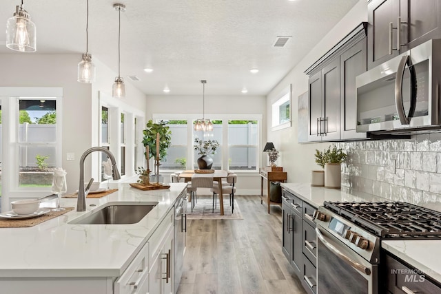 1753 E Grayson, Meridian, ID 83642 - kitchen featuring appliances with stainless steel finishes, a sink, light wood-style floors, decorative backsplash, and decorative light fixtures
