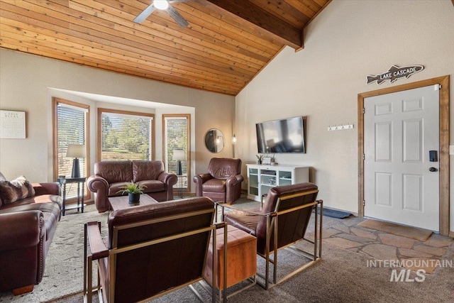 502 Lake Cascade Pkwy Unit 6, Cascade, ID 83611 - living area featuring carpet floors, wooden ceiling with exposed beams, ceiling fan, high vaulted ceiling, and baseboards