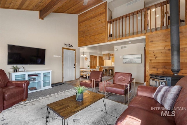 502 Lake Cascade Pkwy Unit 6, Cascade, ID 83611 - living room featuring wood ceiling with exposed beams, a towering ceiling, a wood stove, carpet floors, and baseboards