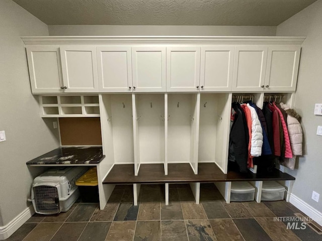 mudroom featuring baseboards and stone finish floor