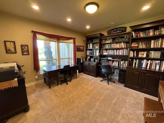 office area featuring recessed lighting, light colored carpet, and baseboards