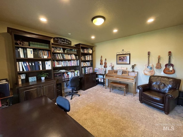 office space with recessed lighting and carpet floors