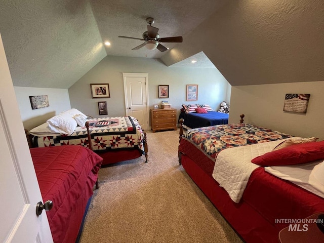 bedroom with a ceiling fan, a textured ceiling, recessed lighting, lofted ceiling, and light colored carpet