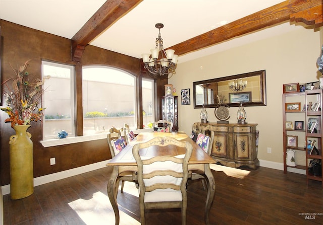 dining area featuring an inviting chandelier, baseboards, wood-type flooring, and beam ceiling