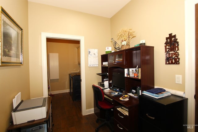 office featuring baseboards and dark wood-style floors
