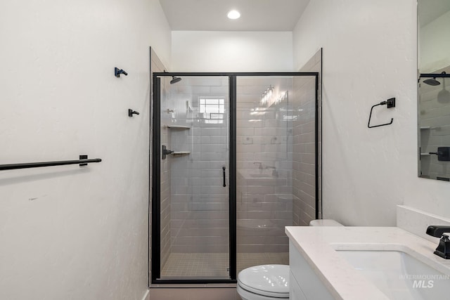 full bathroom featuring toilet, vanity, and a shower stall