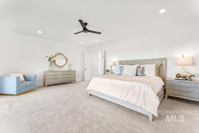 carpeted bedroom with recessed lighting, ceiling fan, and baseboards