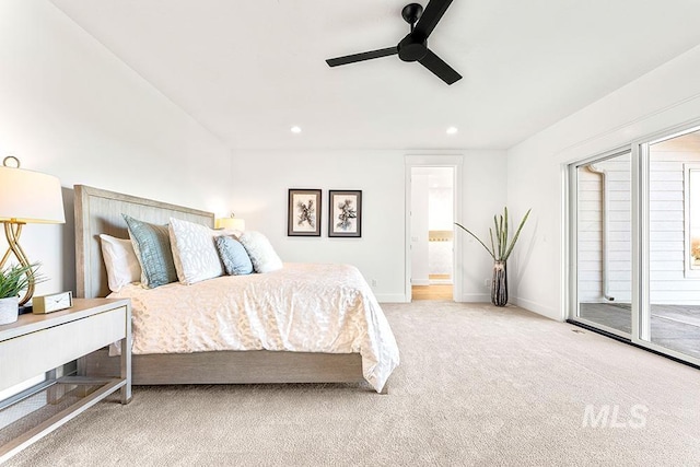 carpeted bedroom with a ceiling fan, access to outside, baseboards, and recessed lighting