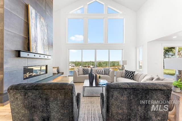 living room featuring high vaulted ceiling, a glass covered fireplace, and wood finished floors