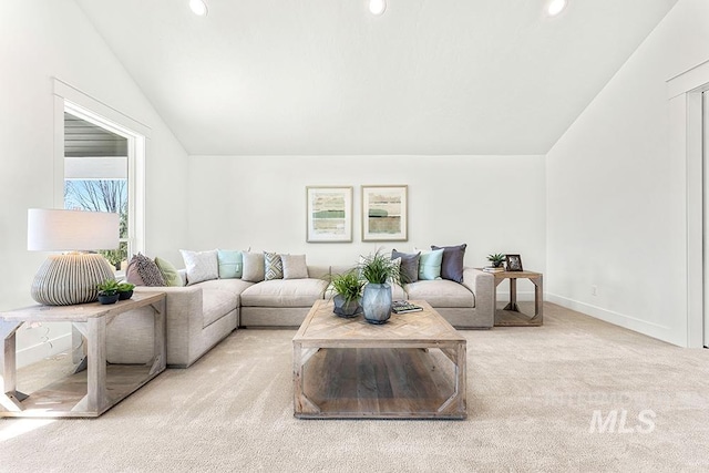 carpeted living room featuring vaulted ceiling, baseboards, and recessed lighting