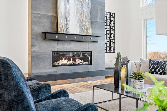 living room featuring wood finished floors and a glass covered fireplace