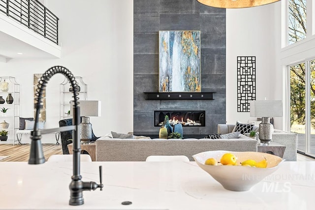 living room with a fireplace, wood finished floors, and a towering ceiling