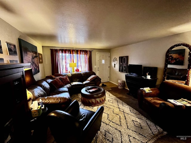 living room featuring dark carpet