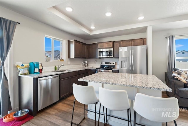 kitchen with a breakfast bar area, stainless steel appliances, dark wood-style flooring, a sink, and a tray ceiling