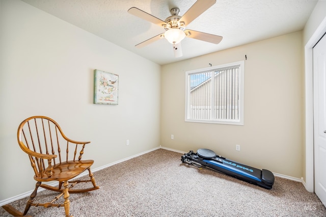 exercise area featuring carpet, a textured ceiling, and baseboards