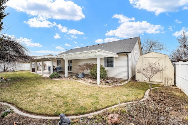 back of house with a patio, a fenced backyard, an outdoor structure, a pergola, and a storage unit