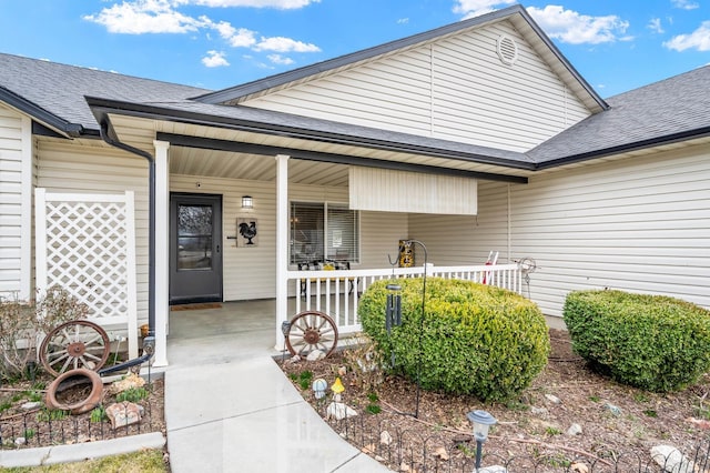 entrance to property with a porch and roof with shingles