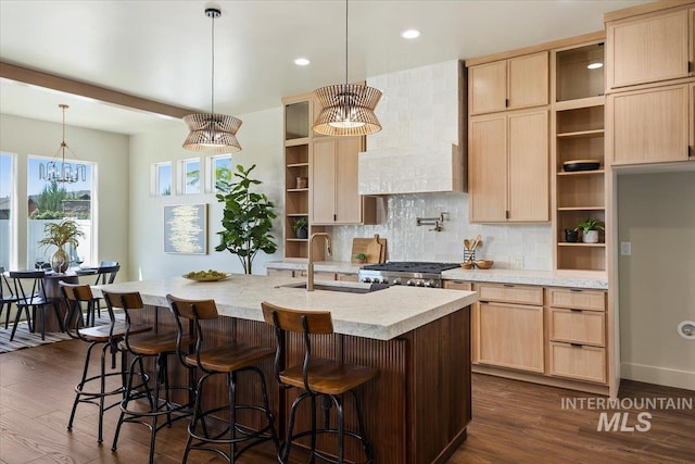 507 Falling Leaf Ln, Twin Falls, ID 83301 - kitchen featuring open shelves, light brown cabinetry, custom exhaust hood, dark wood-type flooring, and recessed lighting