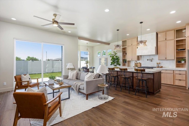 507 Falling Leaf Ln, Twin Falls, ID 83301 - living room with recessed lighting, dark wood-type flooring, and a ceiling fan