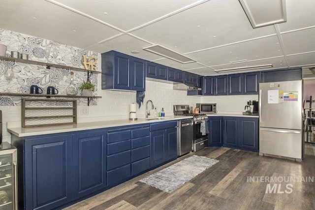 kitchen with a sink, appliances with stainless steel finishes, blue cabinets, and dark wood-type flooring