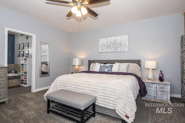 bedroom with dark colored carpet, baseboards, and a ceiling fan