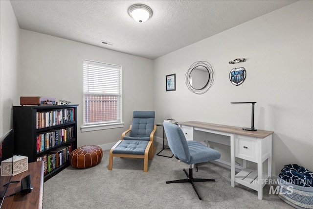 office featuring visible vents, a textured ceiling, baseboards, and carpet floors