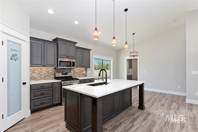 kitchen featuring a sink, light countertops, appliances with stainless steel finishes, and decorative backsplash