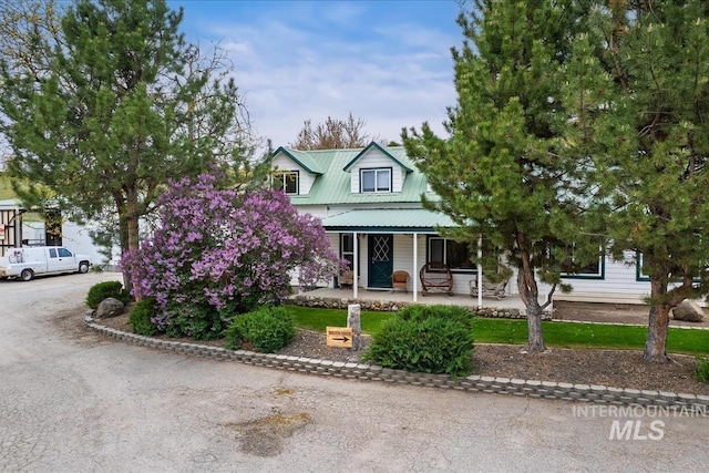 view of front of property with covered porch and metal roof