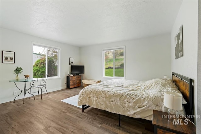 bedroom with wood finished floors, baseboards, and a textured ceiling
