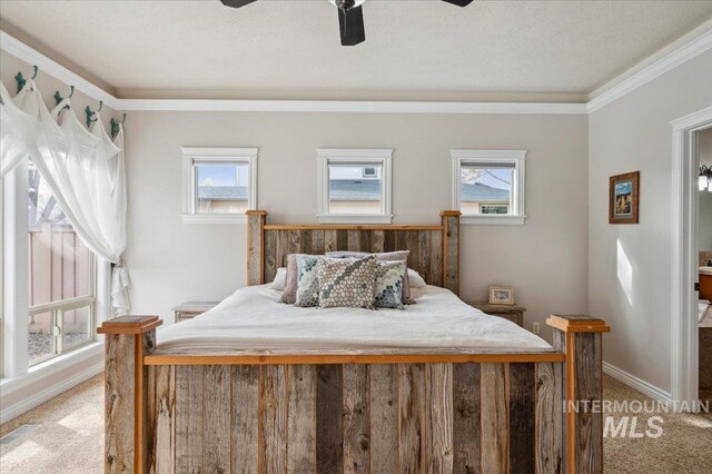 4824 S Longmoor Ave, Boise, ID 83709 - bedroom with multiple windows, light colored carpet, crown molding, and ceiling fan