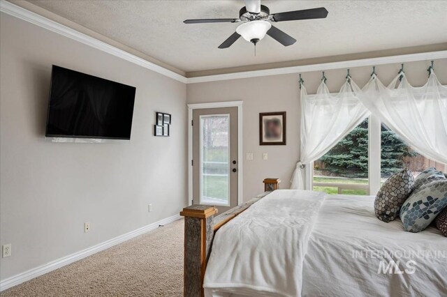 4824 S Longmoor Ave, Boise, ID 83709 - bedroom with crown molding, ceiling fan, a textured ceiling, carpet floors, and baseboards