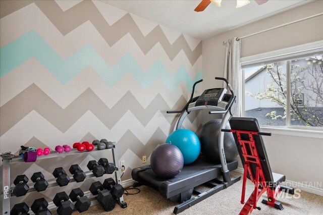 4824 S Longmoor Ave, Boise, ID 83709 - exercise room featuring carpet floors, baseboards, and a ceiling fan