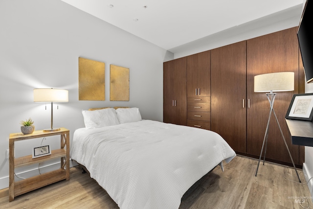 bedroom featuring light wood-style floors and a closet